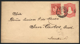 ARGENTINA: Provisional 5c. Stationery Envelope + GJ.106, Sent From Buenos Aires To San Carlos Sud On 3/JA/1891, Excellen - Brieven En Documenten