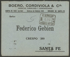 ARGENTINA: Cover With Advertising Corner Card, Sent From Rosario To Santa Fe In JUL/1920, Without Postage And With Due M - Briefe U. Dokumente
