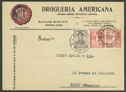 ARGENTINA: Advertising Cover (drugstore) Sent From Buenos Aires To Paris On 5/OC/1922, Franked With 2c. San Martín + Pai - Briefe U. Dokumente