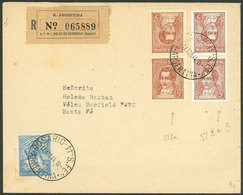 ARGENTINA: 17/AU/1944, Registered Cover Sent From Rosario To Santa Fe, Franked With 2 Tete-beche Pairs 5c. Moreno (one O - Brieven En Documenten