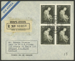 ARGENTINA: 22/DE/1951: Buenos Aires - Neully Sur Seine (France), Registered Cover With Block Of 4 $2.45+$7.55 La Pieta - - Briefe U. Dokumente