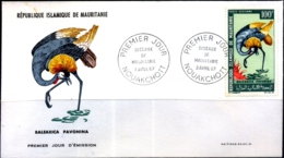 BIRDS- CROWNED CRANE- MAURITANNIA- FDC-1967-FC-78 - Grues Et Gruiformes