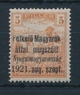 ** Nyugat-Magyarország I. 1921 Arató 5f Próbanyomat, Bodor Vizsgálójellel - Andere & Zonder Classificatie