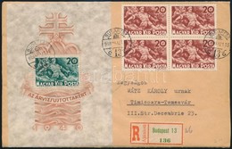 1940 Árvíz Blokk + 20f + 50f Négyestömb Ajánlott Levélen Romániába - Autres & Non Classés