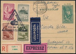 1947 Repülő Teljes Sor Expressz Ajánlott Légi Levelezőlapon Bélyegkiállítási Alkalmi Bélyegzéssel Győrből Budapestre - Other & Unclassified