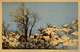 Török Endre (1926-1980): Behavazott Falu. Színes Linó, Papír, Jelzett, 29×46 Cm - Autres & Non Classés