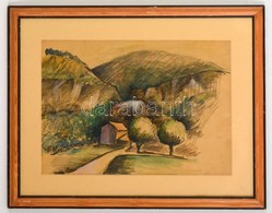 Jelzés Nélkül: Ház A Völgyben. Akvarell-tus, Papír, üvegezett Keretben, 28×39 Cm - Autres & Non Classés