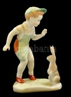 Aquincumi Porcelán Kisfiú Nyúllal, Kézzel Festett, Jelzett,hibátlan, M: 12 Cm - Autres & Non Classés