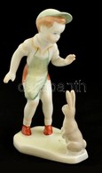 Aquincumi Porcelán Kisfiú Nyúllal, Kézzel Festett, Jelzett,hibátlan, M: 12 Cm - Autres & Non Classés