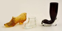 3 Db üvegcipő, Közte Bakancs Alakú Mini Korsóval, M: 4 Cm és 11 Cm Közötti Méretben - Vidrio & Cristal