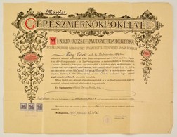 1920 Gépészmérnöki Diploma 1921-es Másolata, M. Kir József Műegyetem, 3 Db 5 Koronás Bélyeggel, Kis Szakadásokkal - Non Classés