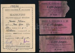 1943 Budapest Székesfőváros V. Ker. Elöljárója által Kiállított Fényképes Igazolvány Felvonókezelő Részére, 3 Db Liftjeg - Non Classés