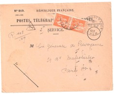 St FLORENT Sur CHER Ob 1937 Horoplan Devant Enveloppe 819 Recommandée Valeurs Non Recouvrées Taxe 1 F Paix Orange Yv 286 - 1859-1959 Briefe & Dokumente