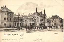 T3 1902 Pécs, Indóház, Vasútállomás, Lovaskocsik. Kiadja Blancz József (EK) - Non Classés