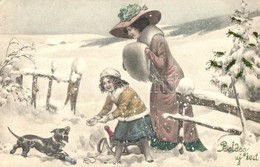 T2 Boldog új évet! / New Year Greeting Art Postcard With Ladies And Dachshund. V. K. Vienne 5253. - Unclassified