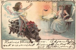 T2 1900 Boldog Új évet! / New Year Greeting Art Postcard, Angel On Wild Boar.  Humour Litho - Sin Clasificación