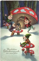 T3 Herzlichen Glückwunsch Zum Neuen Jahre / New Year Greeting Card, Dwarf, Mushroom, Litho (EK) - Zonder Classificatie