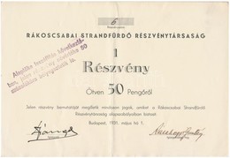 Budapest 1931. 'Rákoscsabai Strandfürdő Részvénytársaság' Részvény 50P-ről T:II - Ohne Zuordnung
