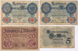 Vegyes 5db-os Külföldi Bankjegy Tétel, Közte Német Birodalom 1914. 20M; Orosz Birodalom 1912-1917. (1912) 500R Szign.: S - Unclassified