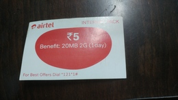 India-airtel-internet Pack-(5 Ruppia)-benefit 20mb 2g-1day-(3)-28.2.2018-used Card+1 Card Prepiad Free - India