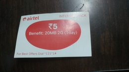 India-airtel-internet Pack-(5 Ruppia)-benefit 20mb 2g-1day-(4)-30.4.2018-used Card+1 Card Prepiad Free - Inde
