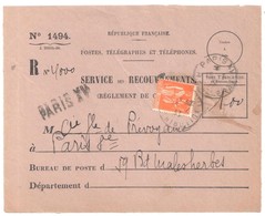 PARIS XV Ob 1937 Devant Enveloppe 1494 Recommandée Valeurs Non Recouvrées Taxe 1 F Paix Orange Yv 286 - Cartas & Documentos