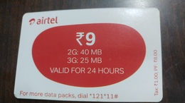 India-airtel-instant Recharge-(9 Ruppia)-2g: 40 Mb-3g: 25mb 24hours-(5)-30.9.2016-used Card+1 Card Prepiad Free - India