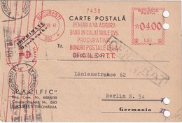 ROUMANIE 1942 CARTE AVEC EMA DE BUCAREST   DOUBLE CENSURE - Lettres 2ème Guerre Mondiale
