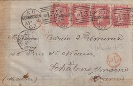 COVER GREAT BRITAIN. 4 4 1867. +131+ EDINBURCH TO FRANCE. LO Pl 103- STRIP 3 X GP.HP.IP. Pl 103. PD CHALON-S-MARNE - Lettres & Documents