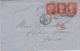 COVER GREAT BRITAIN. 26 3 1873. 100 LONDON TO FRANCE.  STRIP 3 X HL.IL.JL. Pl 125. PD CHALON-S-MARNE - Briefe U. Dokumente
