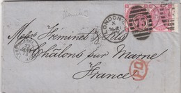 COVER GREAT BRITAIN. 21 1 1873. . 73  LONDON TO FRANCE.  THREE PENCE BG-HS  Pl 9. PD TP CHALON-S-MARNE - Sonstige & Ohne Zuordnung