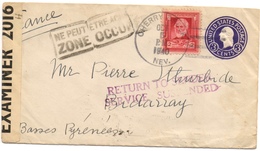 Lettre Du Nevada Pour Bidarray 64 5/10/1940,  Cachets "zone Occupée" Et "return To Sender" Cachet Retour New York 1941 - WW II