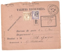 REMIREMONT Vosges 1923 Type 04 Devant Enveloppe 1494 Valeurs Recouvrées Taxée Yv 44 45 Oblitéré IX - 1859-1959 Lettres & Documents