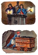Grande CHROMO Découpis Gaufrée Enfants Adultes Mine Mineurs Wagonnet Pic Lampe 19ème (2 Chromos) - Enfants