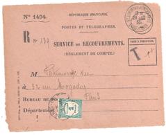 St LUBIN Des JONCHERES Eure Loir Ob 1933 Devant Enveloppe 1494 Recommandée Valeurs Non Recouvrées Taxe 1F Vert Yv 60 - Covers & Documents