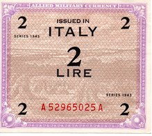 ALLIED MILITARY CURRENCY    2 LIRE   SERIES 1943 A - Autres & Non Classés