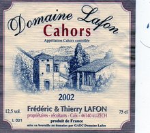 Etiquette (9,1 X 9,1 ) Domaine  LAFON 2002 Cahors  Frédéric & Thierry Lafon Propriétaires Récoltants à Luzech 46 - Cahors
