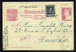 ESPAGNE - Entier Postal Avec CENSURE MILITAIRE REPUBLICAINE + Timbre Envoi Pour La FRANCE 1938 - 1931-....