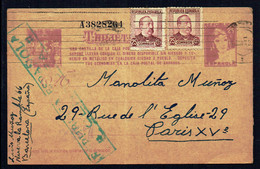 ESPAGNE - Entier Postal Avec CENSURE MILITAIRE REPUBLICAINE + 2 Timbres Envoi Pour La FRANCE 1938 - 1931-....