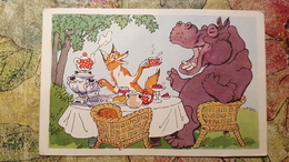 Old USSR Postcard "Tea Party" By Bazhenov - Hippo - 1969 Fox - Humour - Hippopotames