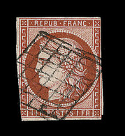 O EMISSION CERES 1849 - O - N°7c - 1F Vermillon Foncé - Touché - Obl Grille - Belle Nuance   - B/ TB - Certificat Calves - 1849-1850 Ceres