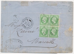 LAC Emission Napoléon Non Dentelé Sur Lettre - LAC - N°20 - 5c Vert - Bloc De 4 - Obl. Étoile 7 - Càd Paris - 5/1/66 - 1 - 1849-1876: Classic Period