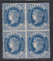 **/* ESPAGNE - **/* - N°55 - 12c Bleu S/rose - Bloc De 4 - 2 Ex * - TB - Used Stamps