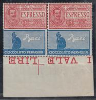 ** ITALIE - TIMBRES EXPRES - ** - N°9 - 60c Rouge - Paire -  Pub "Chocolat Raci" - Grd BDF Cplet + Croix De Repère - TB - Express/pneumatic Mail