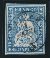 O SUISSE - Références SBK (N°YVERT-TELLIER) - O - N°23 B4 - 10r Bleu - Obl. LAUPEN - Signé Herrmann - Cote 40FS - TB - 1843-1852 Federal & Cantonal Stamps