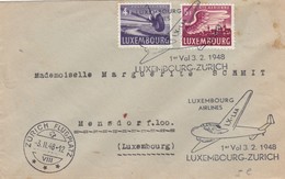 LETTRE LUXEMBOURG. PREMIER VOL 3 2 1948 LUXEMBOURG-ZURICH. LUXEMBOURG AIRLINES. ZÜRICH FLUGPLATZ-MENSDORF ROOT-S-SYR - Storia Postale