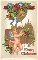 Thème Noël :       Père Noël  Angelot  Cloche .A Merry Chrismas    Carte Gaufrée.     (voir Scan) - Autres & Non Classés