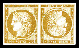(*) N°1d, 10c Bistre, Paire Tête-bêche, Fraîcheur Postale, 7 Pièce Connues, Magnifique,. R.R.R. (signé Calves/Scheller/c - 1849-1850 Cérès