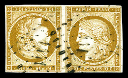 O N°1d, 10c Bistre En Paire Tête-bêche Obl Pc, PIECE SUPERBE. R.R. (signé Calves/Brun/certificat)  Qualité: O  Cote: 240 - 1849-1850 Ceres