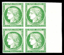 ** N°2e, 15c Vert Impression De 1862 En Bloc De Quatre Bord De Feuille Latéral (2ex*), Fraîcheur Postale. SUP (certifica - 1849-1850 Cérès